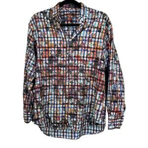 Visconti Black Paint Splatter Plaid Button Down Shirt Men's Size Small